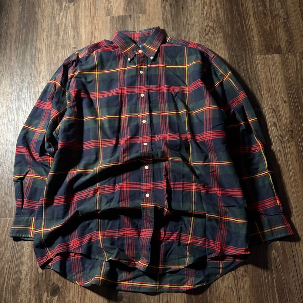 Ralph Lauren Big Shirt MensMedium Plaid Button Down Cotton Long Sleeve Green Red